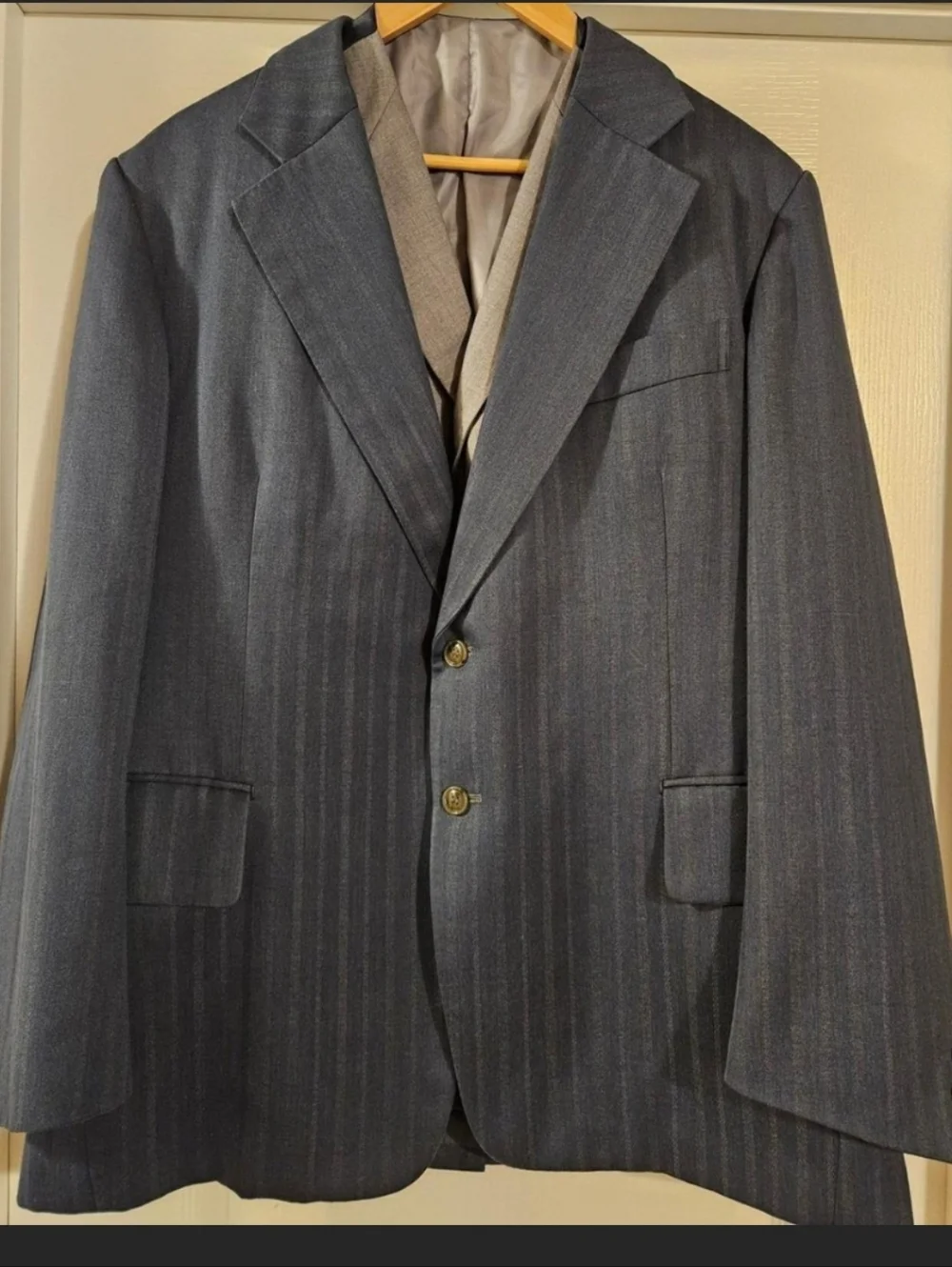 Paul M. Hoffman Mens Blue Pinstripe Blazer and Grey Vest Set Vintage Suit Jacket